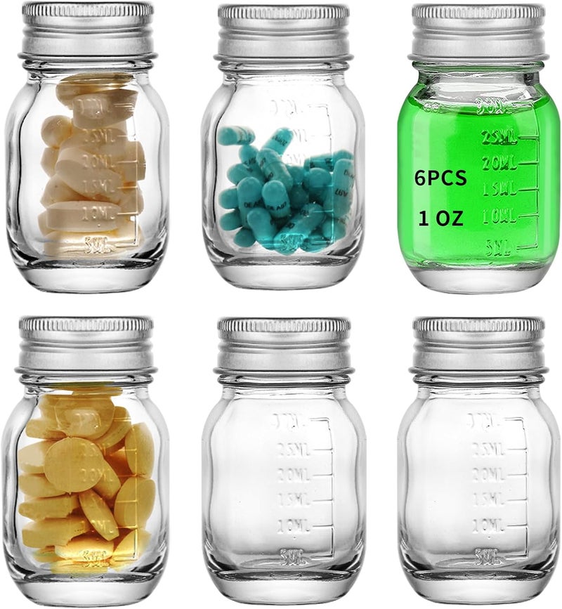 eispap 6Pcs Glass medicine bottles 1oz 30 ml Glass Reagent Bottles Transparent Sample Jar,Wide Mouth,Screw Cap with Scale for Home, Argent Lid (6) - Image 1